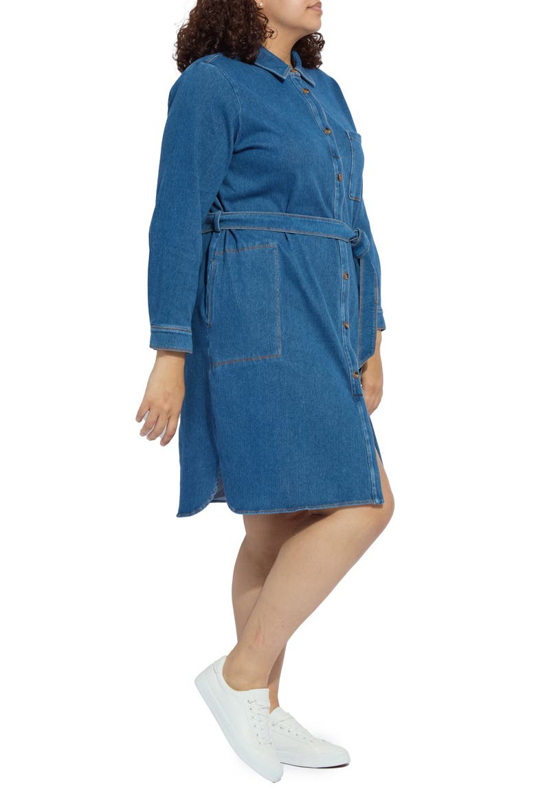 Schiffer Belted Long Sleeve Denim Shirtdress, Alternate, color, MID WASH