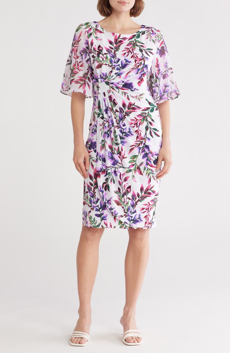 Connected Apparel Flutter Sleeve Faux Wrap Minidress, Main, color, Ivory/Berry