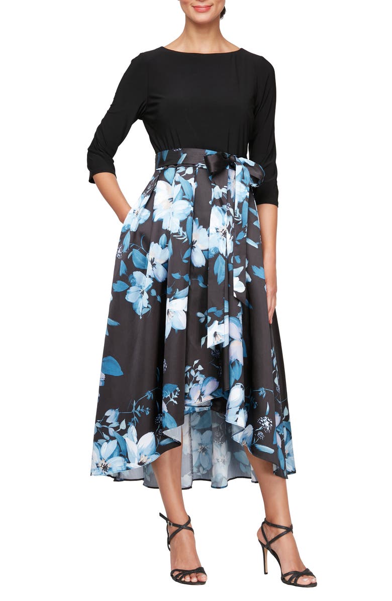 SL FASHIONS Floral Tie Belt High-Low Cocktail Dress, Main, color,