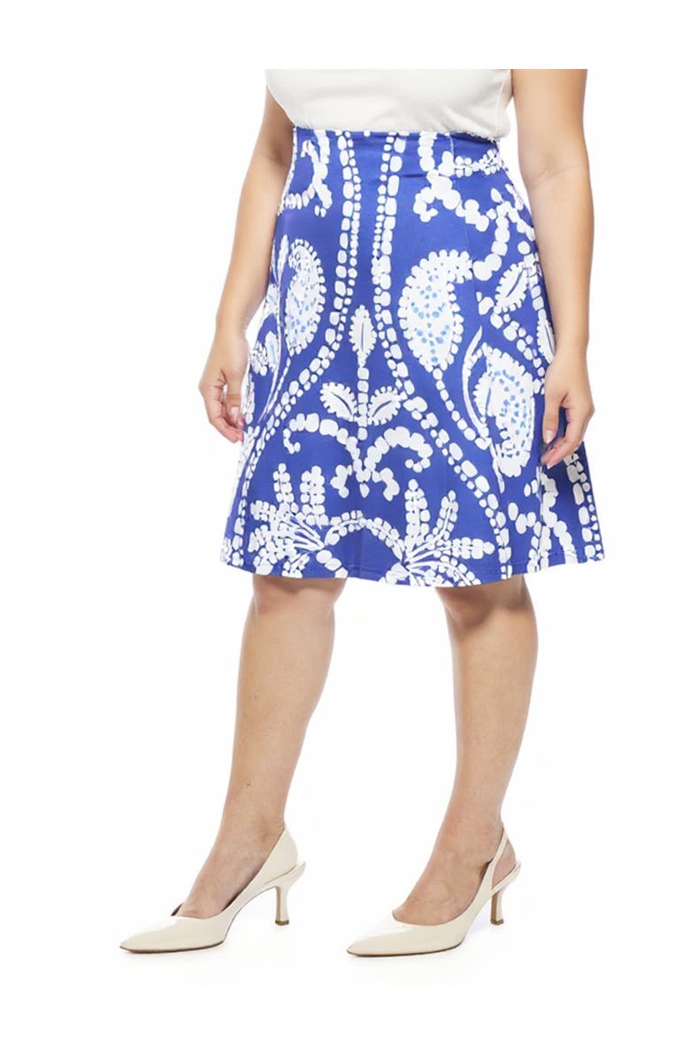 24seven Comfort Apparel Plus Size Paisley Elastic Waist Knee Length A-Line Skirt, Alternate, color, Blue Multi