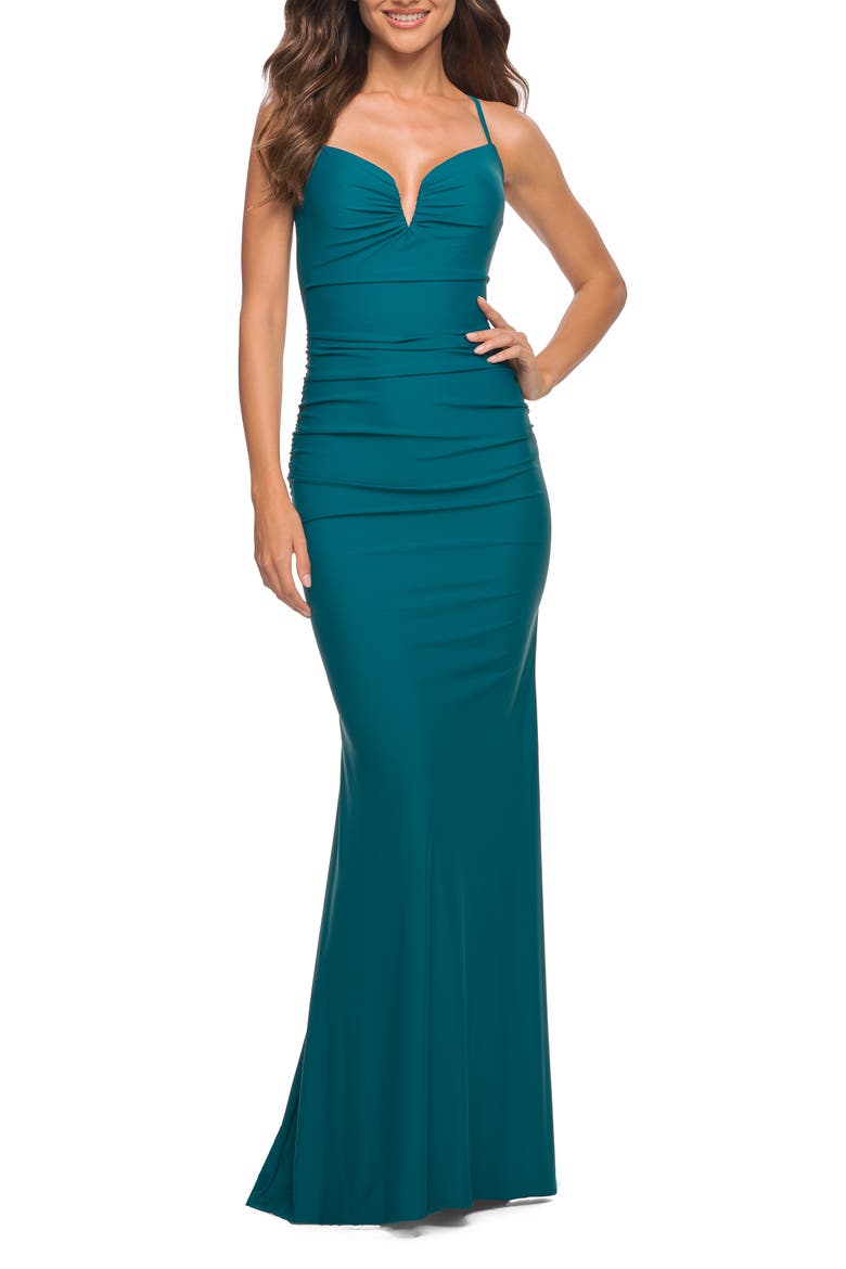 Stunning Luxe Jersey Dress with Deep V Neckline, Main, color, DARK TEAL