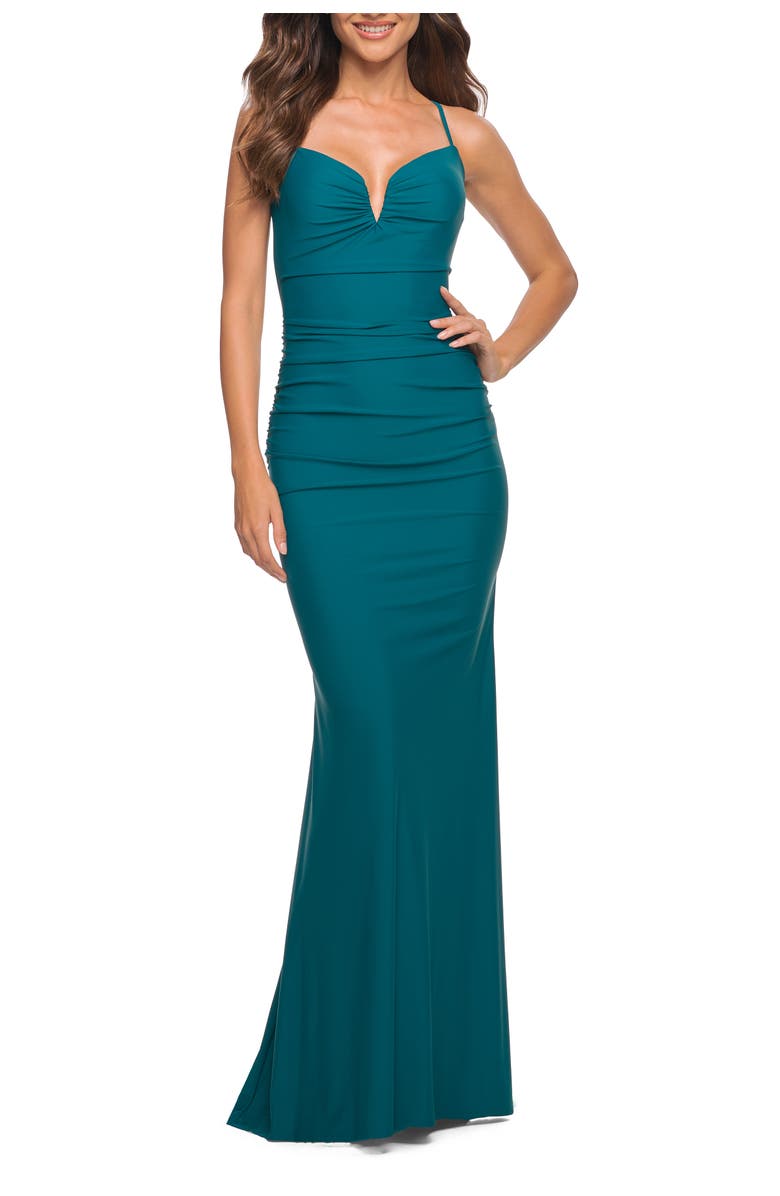 La Femme Stunning Luxe Jersey Dress with Deep V Neckline, Main, color, Dark Teal