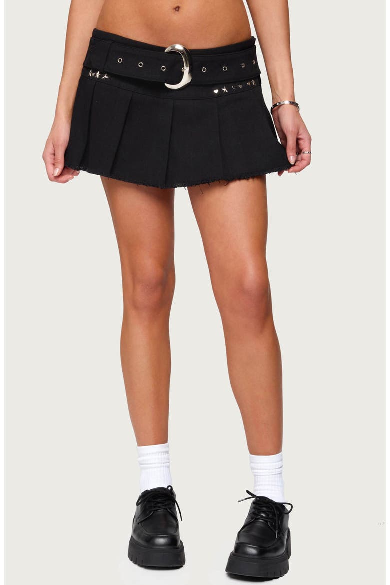 Kore Belted Pleated Raw Hem Denim Miniskirt, Main, color, BLACK