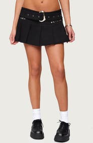 EDIKTED Kore Belted Pleated Raw Hem Denim Miniskirt