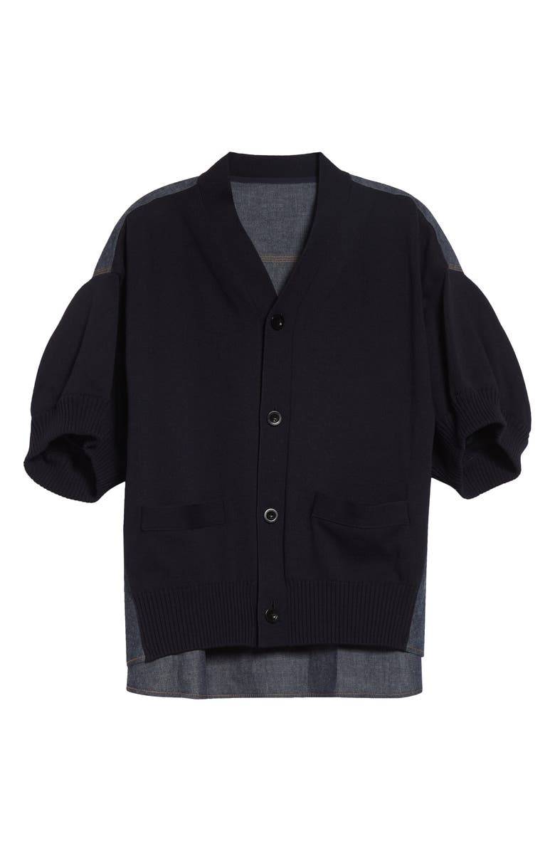 Sacai Short Sleeve Mixed Media Cardigan, Main, color, Navy/ Blue