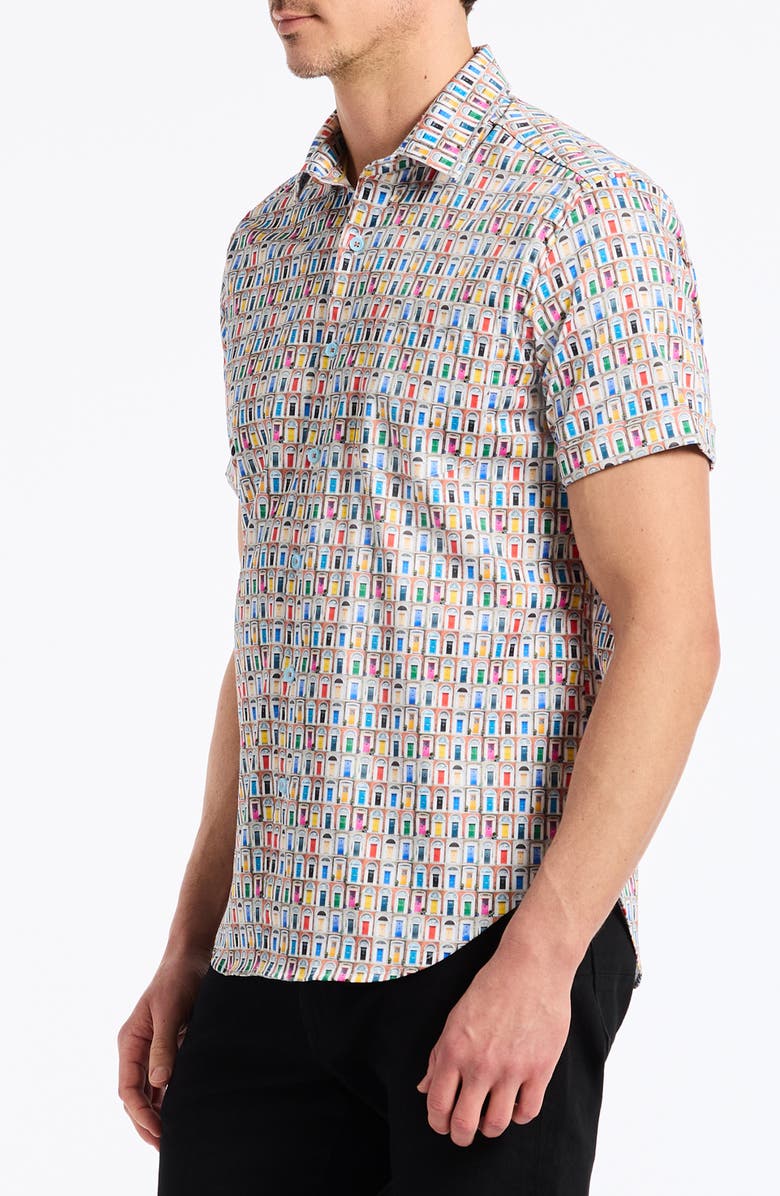Robert Graham Livingston Stretch Short Sleeve Button-Up Shirt, Alternate, color, White/ Doors