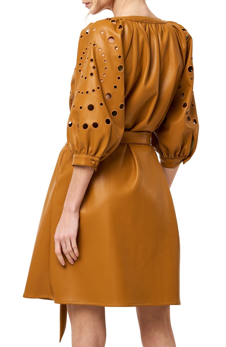 CIEBON Kinna Eyelet Puff Sleeve Tie Belt Faux Leather Shirtdress, Alternate, color, Tan