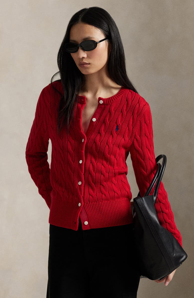 Polo Ralph Lauren Cable Knit Cotton Cardigan, Alternate, color, Red