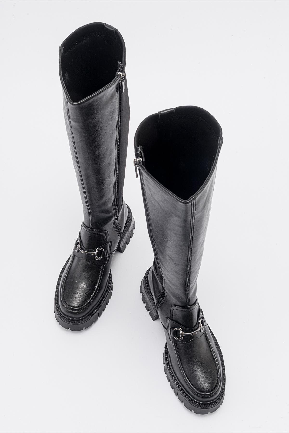 Prologue Shoes Chapel Buckle Stretch Boot, Alternate, color, Black Stretch Faux Leather