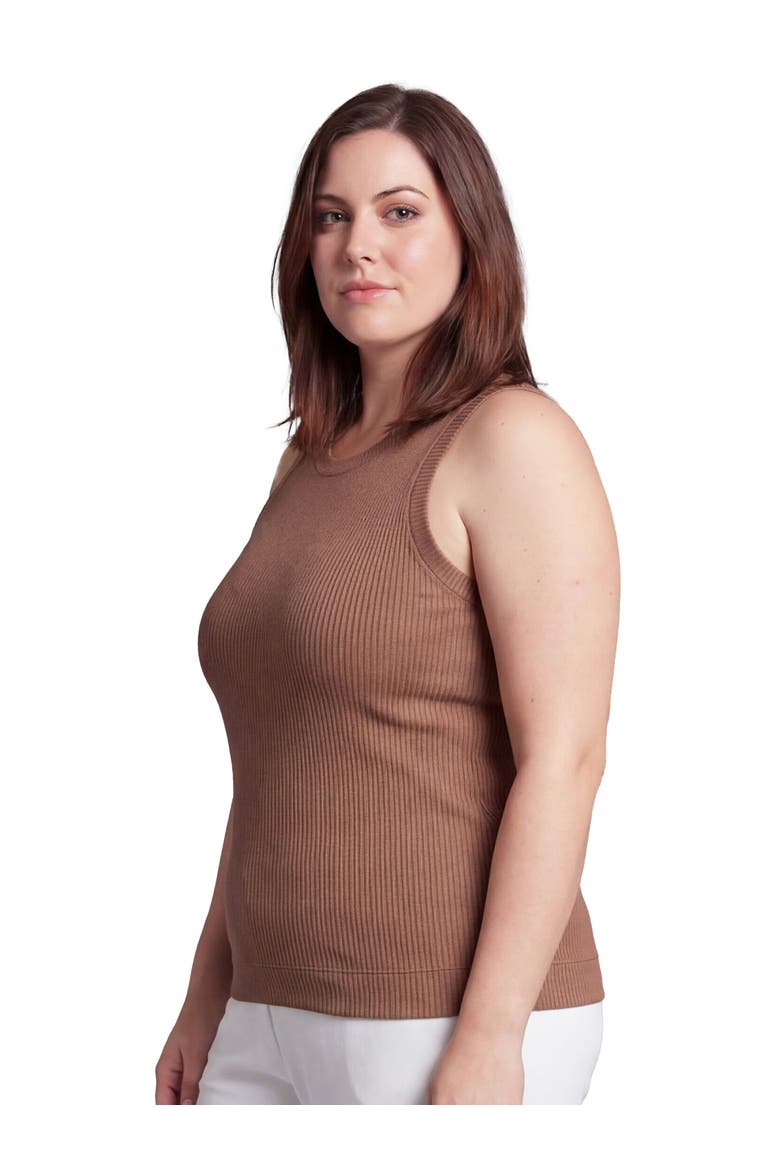 Curvy Basic Ribbed Knit Round Neck Sleeveless Tank Top, Alternate, color, Mocha