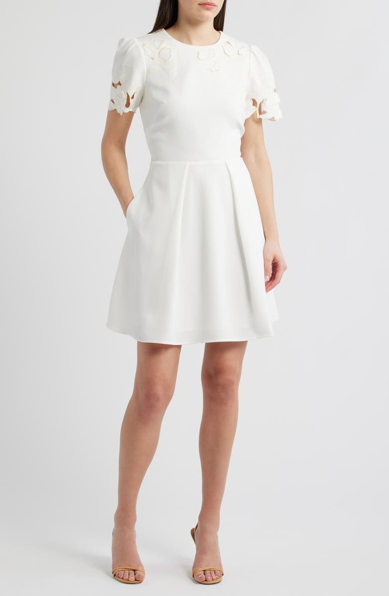 Vince Camuto Floral Cutwork Crepe Dress, Main, color, Ivory