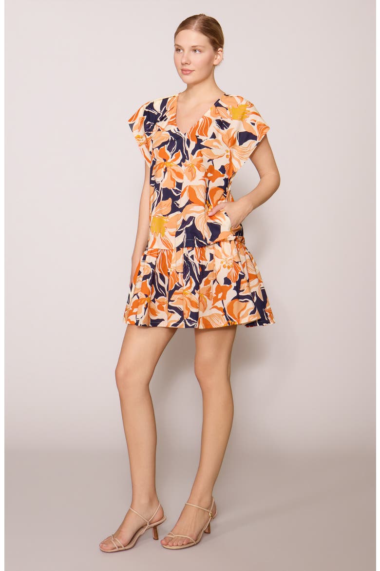 Floral Cap Sleeve Drop Waist Minidress, Alternate, color, ORANGE NAVY MULTI