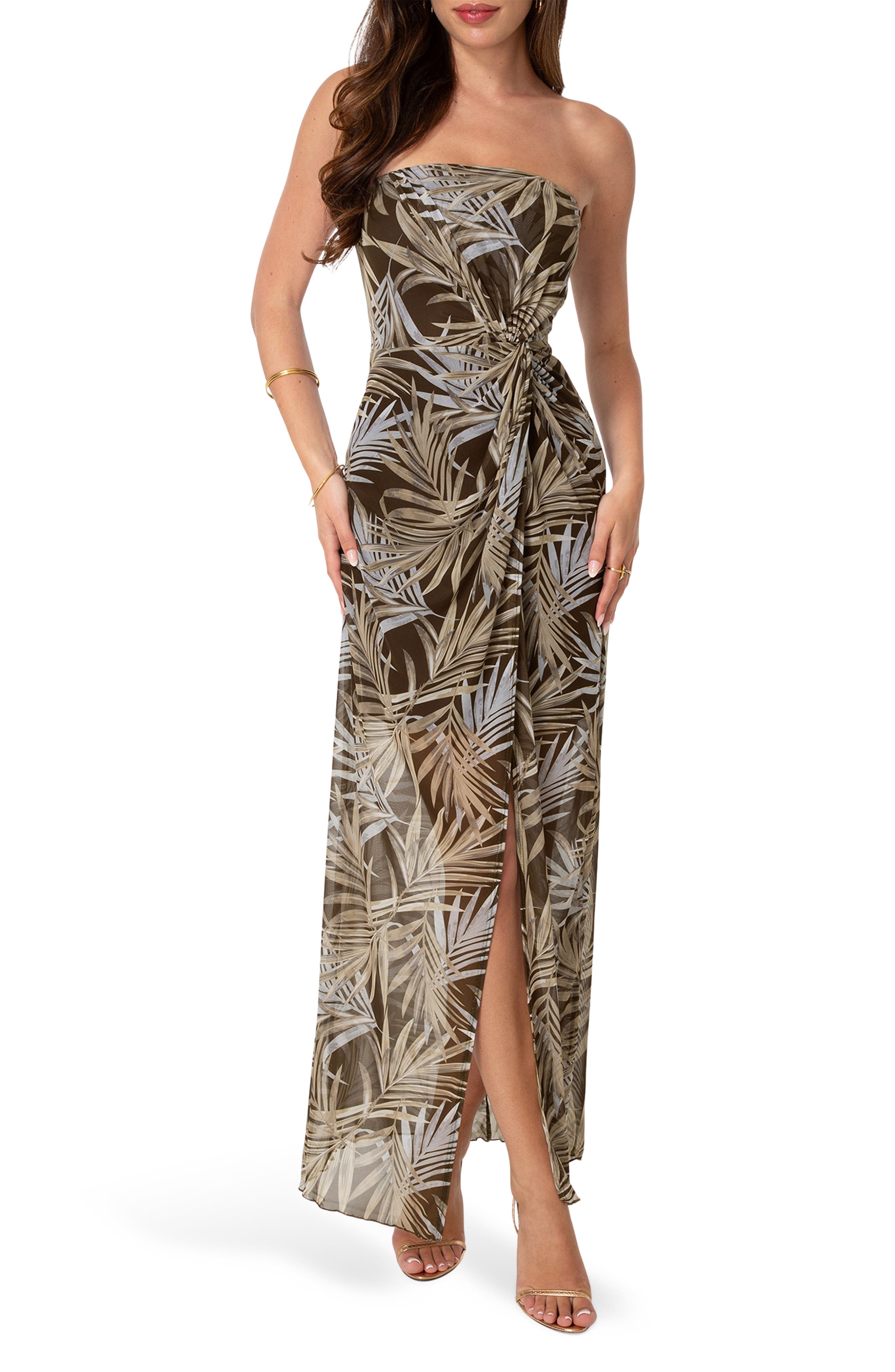 Palm Print Strapless Mesh Maxi Dress