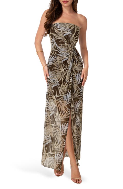 Palm Print Strapless Mesh Maxi Dress