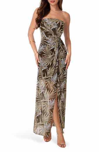 Palm Print Strapless Mesh Maxi Dress