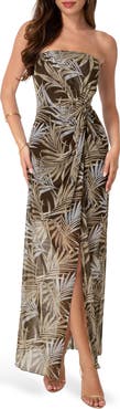 bebe Palm Print Strapless Mesh Maxi Dress