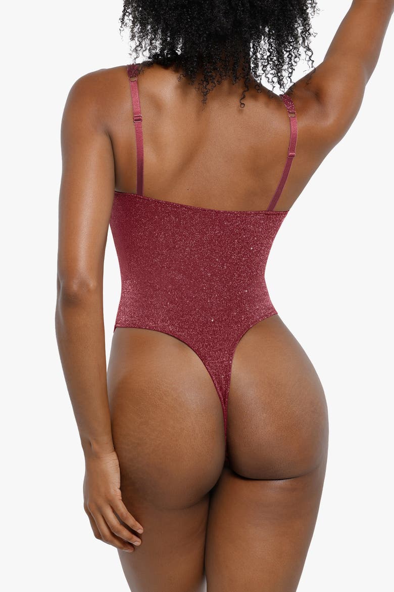 Shapewear Lame Knit Slimming Bodysuit, Alternate, color, Wine