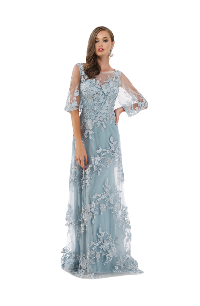 LARA New York Cape Sleeves A-line Lace Gown, Main, color, Dusk