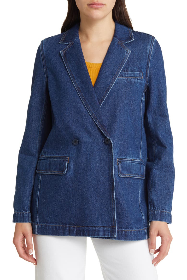 Double Breasted Cotton Denim Blazer, Alternate, color, DEARDORFF WASH