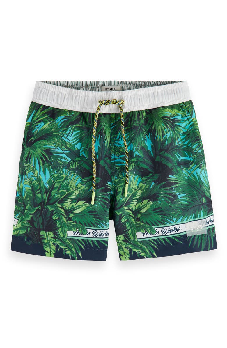 Scotch & Soda Kids' Palm Print Swim Trunks, Main, color, 