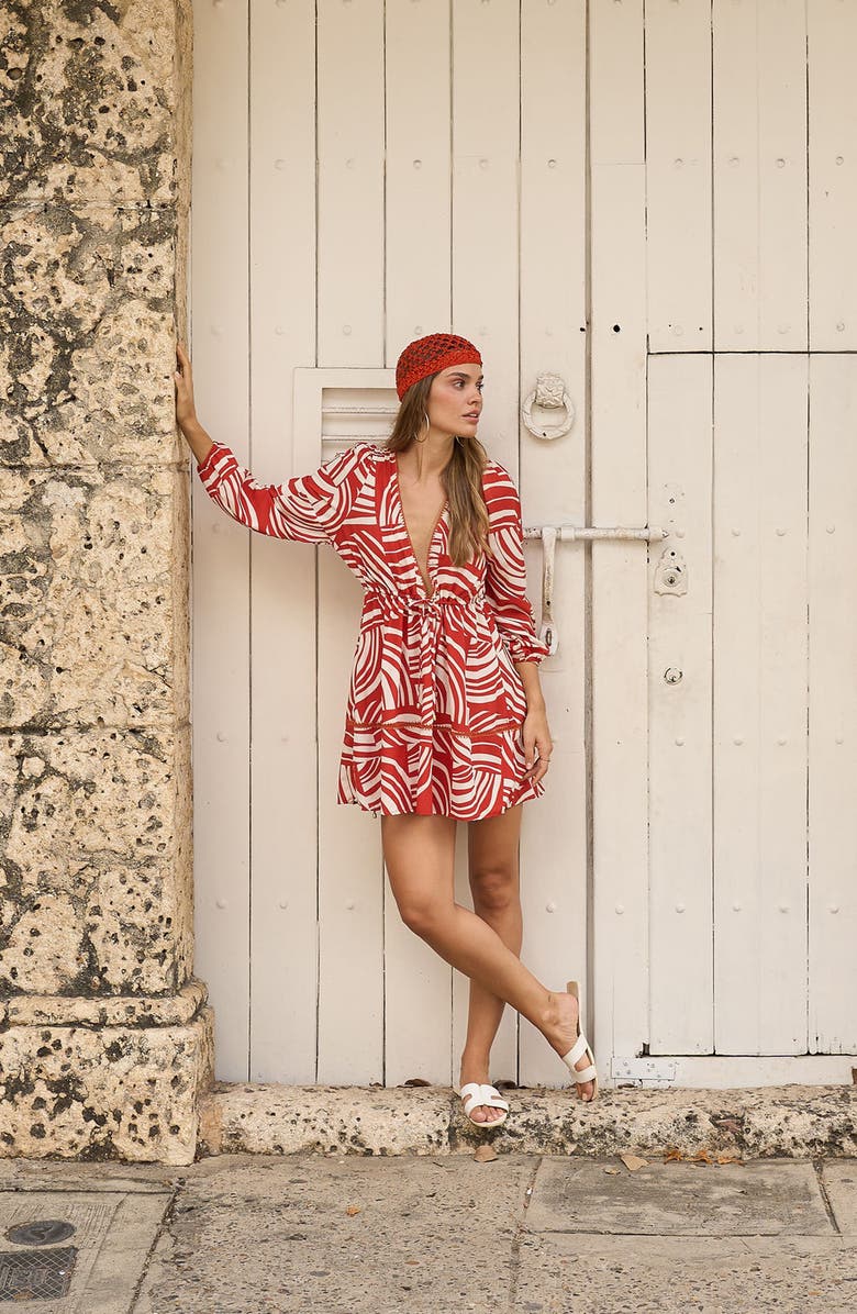 Cosita Linda Print Tie Waist Cover-Up Minidress, Alternate, color, Chutney