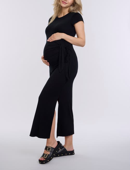Motherhood Maternity Crew Neck Short Sleeve Side Tie Maternity Midi Dress In Black