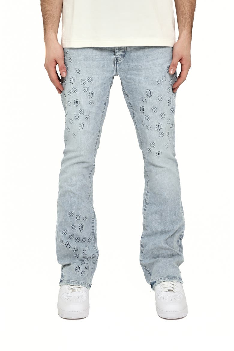 P004 Monogram Embossed Slim Flare Jeans, Main, color, LIGHT INDIGO