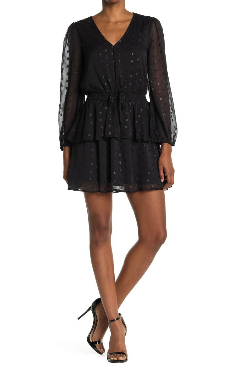 Tyler Metallic Long Sleeve Clip Dot Minidress, Main, color, BLACK