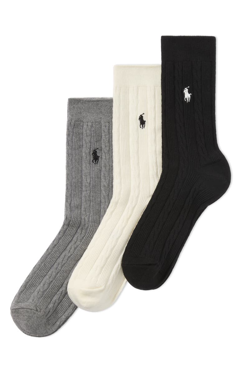 Polo Ralph Lauren Classic Assorted 3-Pack Cable Crew Socks, Main, color, Black/ Ivory/ Grey