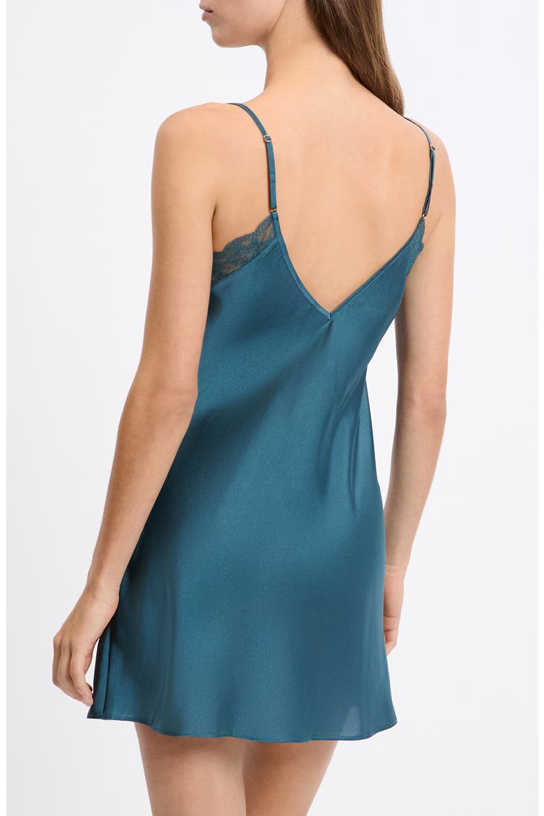 Desire Lace Trim Satin Chemise, Alternate, color, PETROL BLUE