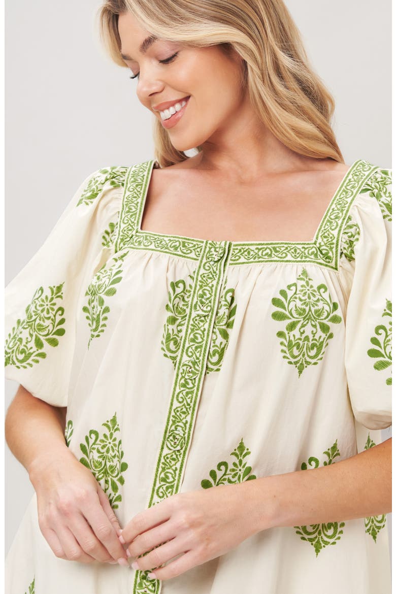 Puff Sleeve Button Front Cotton Minidress, Alternate, color, IVORY GREEN