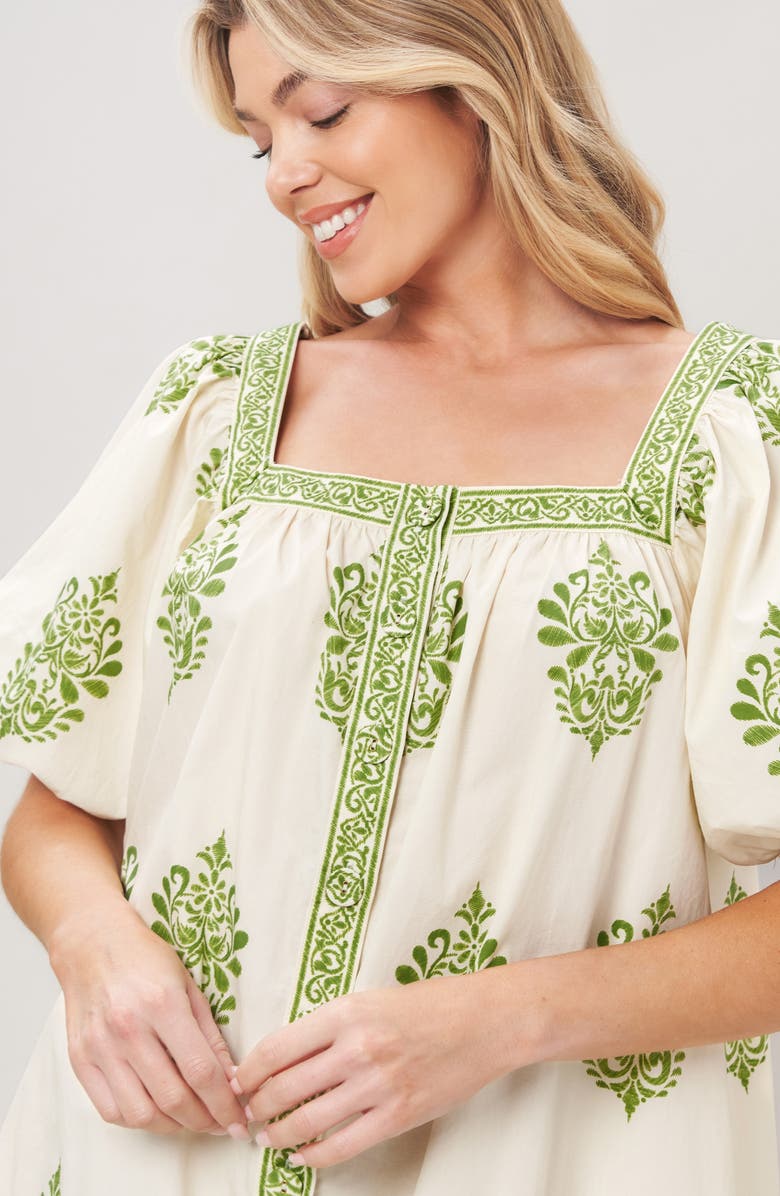 FLYING TOMATO Puff Sleeve Button Front Cotton Minidress, Alternate, color, Ivory Green