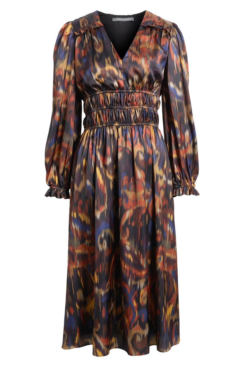 Ikat Long Sleeve Stretch Satin Midi Dress, Alternate, color, ORANGE MULTI