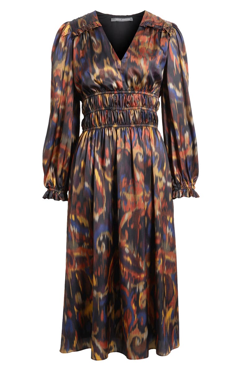 Julia Jordan Ikat Long Sleeve Stretch Satin Midi Dress, Alternate, color, Orange Multi