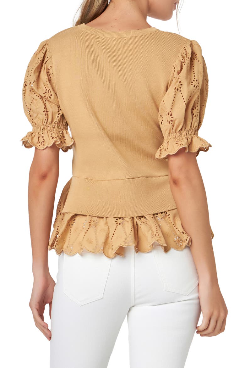 Mixed Media Eyelet Puff Sleeve Peplum Top, Alternate, color, TAN