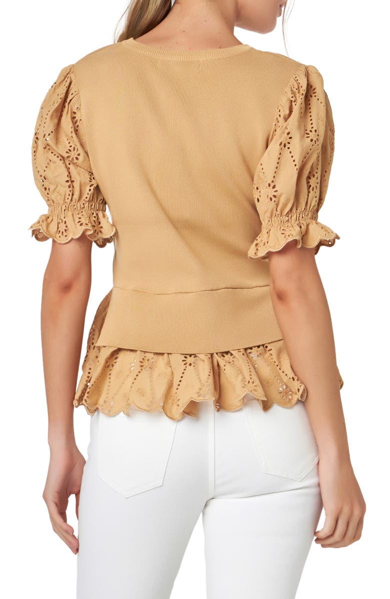 English Factory Mixed Media Eyelet Puff Sleeve Peplum Top, Alternate, color, Tan