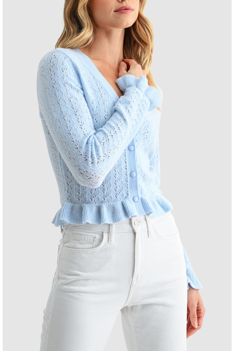 Pointelle Ruffle Hem Crop Cardigan, Alternate, color, LIGHT BLUE