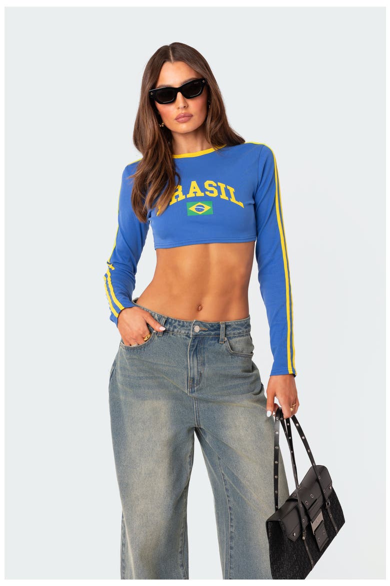 Brasil Long Sleeve Crop Top, Alternate, color, BLUE