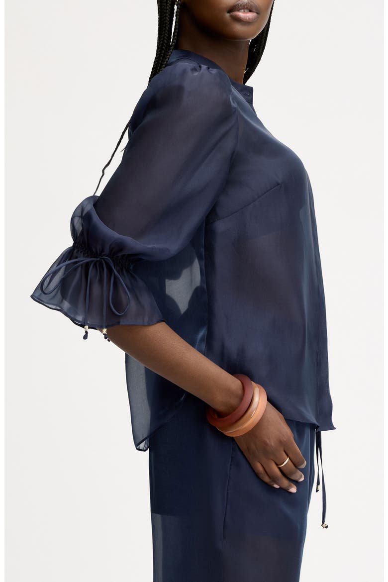 Semi Sheer Button-Up Tie Cuff Top, Alternate, color, NAVY