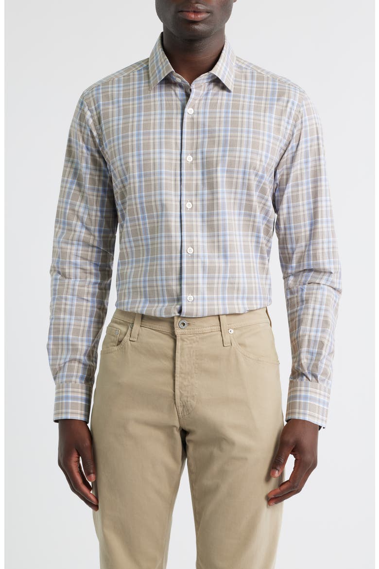 Canclini Regular Fit Plaid Cotton Poplin Button-Up Shirt, Main, color, KHAKI