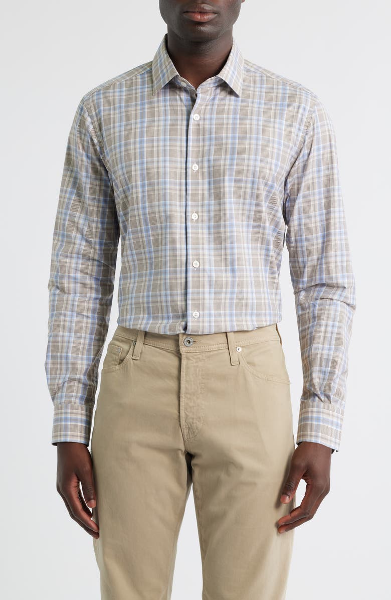 Scott Barber Canclini Regular Fit Plaid Cotton Poplin Button-Up Shirt, Main, color, Khaki