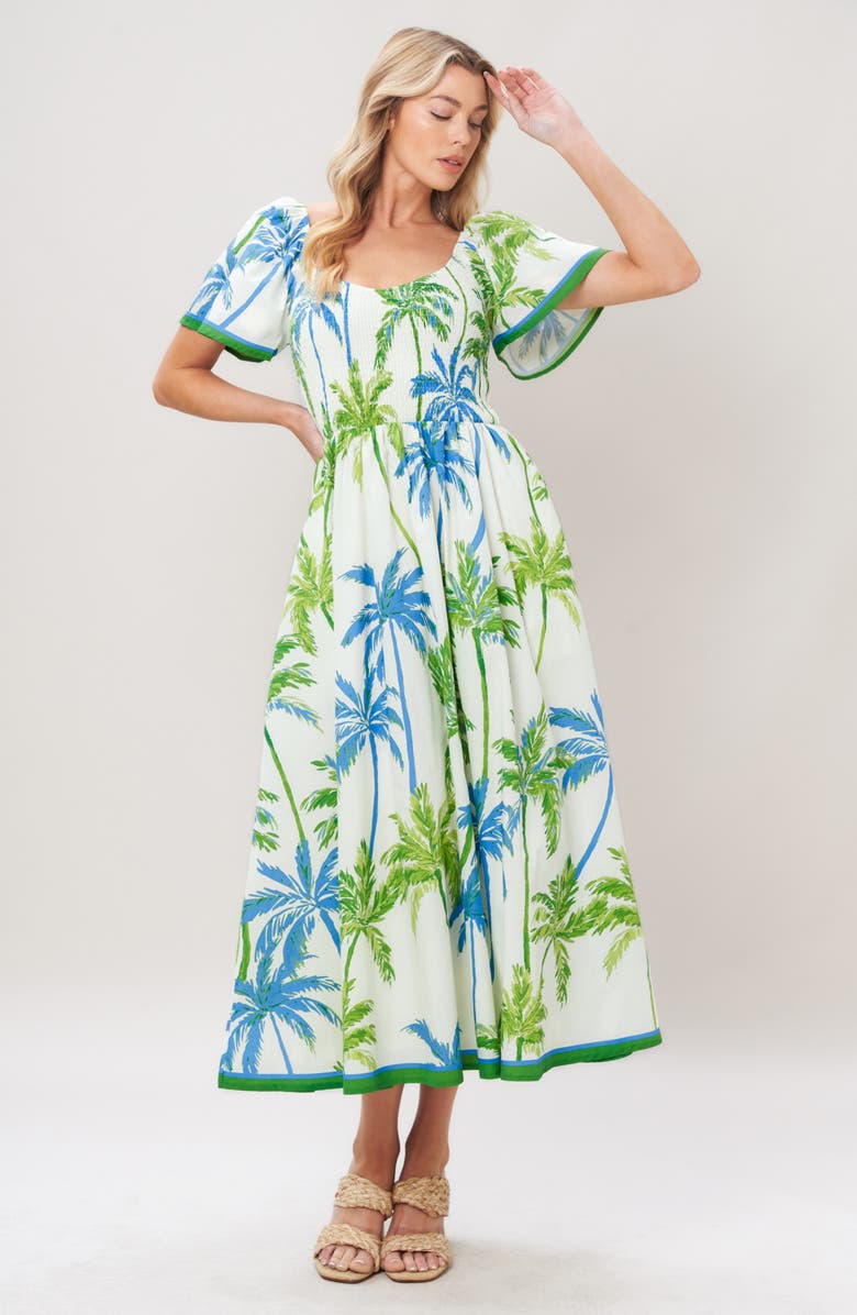 FLYING TOMATO Print Midi Dress, Alternate, color, White/ Green