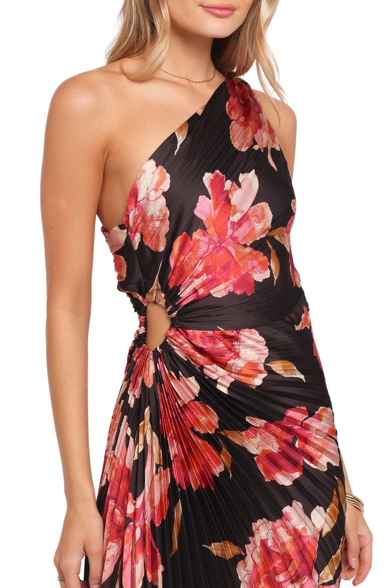 Kleo Floral Pleated One-Shoulder Satin Cocktail Dress, Alternate, color, MIDNIGHT ORCHID