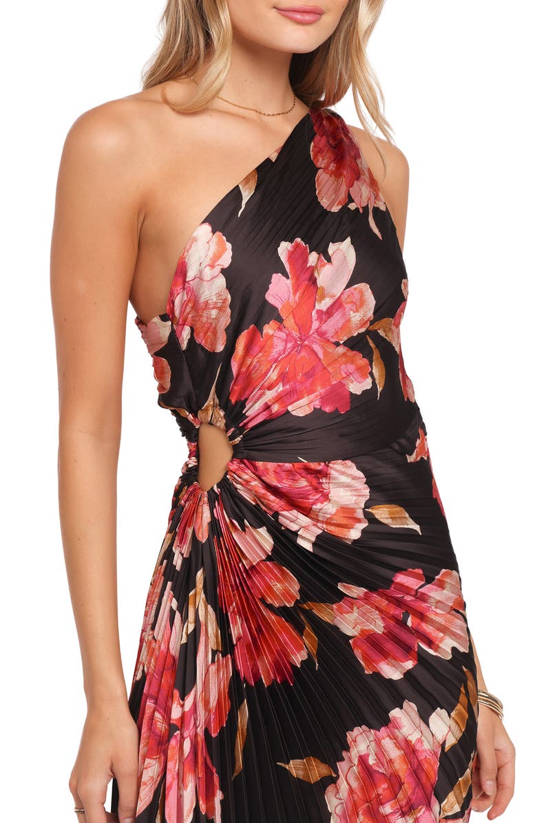 Petal & Pup Kleo Floral Pleated One-Shoulder Satin Cocktail Dress, Alternate, color, Midnight Orchid