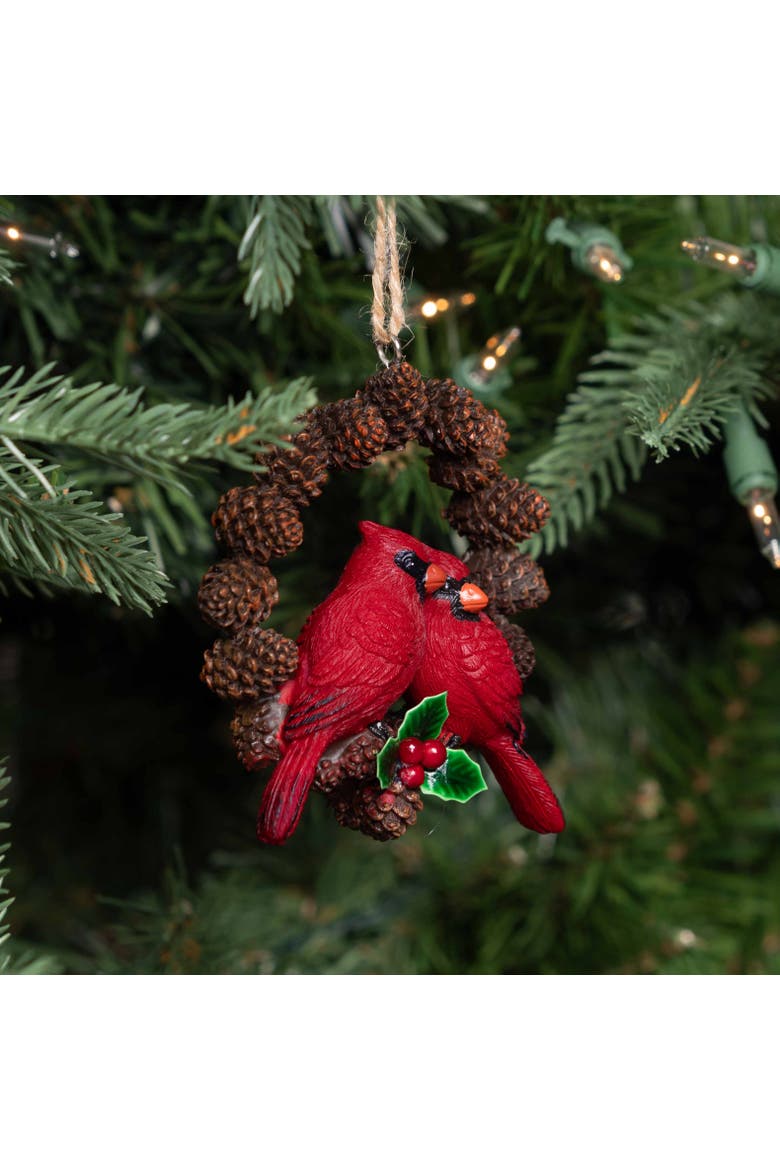 Paired Cardinals Pinecone Wreath Christmas Ornament, Alternate, color, Red