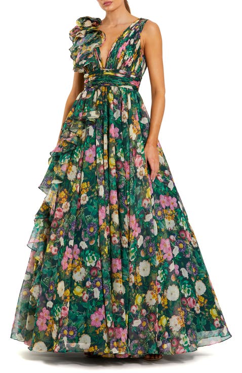 Floral Print Ballgown with Ruffle Shoulder and Plunging V-Neck