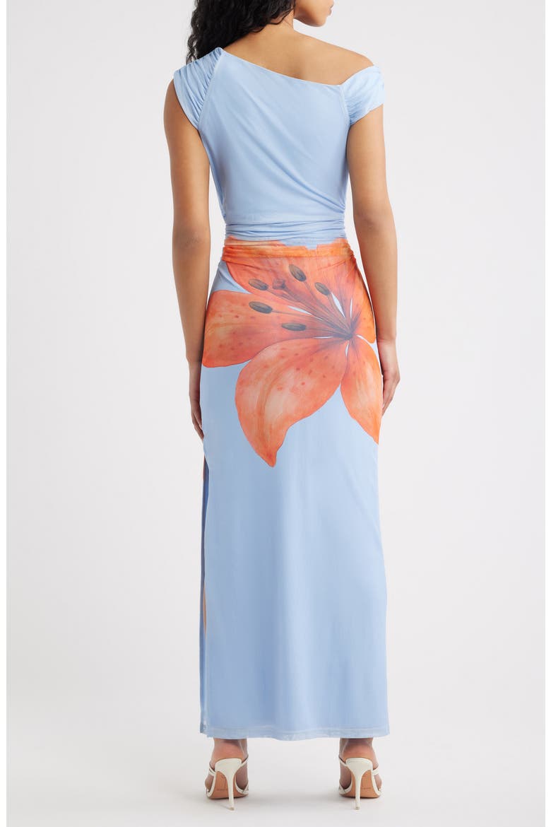 Avah Placed Floral One-Shoulder Mesh Maxi Dress, Alternate, color, BLUE/ ORANGE