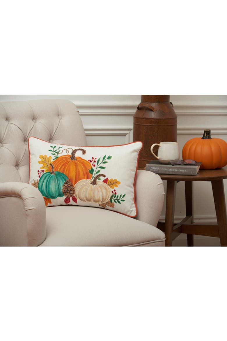 Trio Harvest Pumpkins Cotton Blend Mini Accent Pillow 14" x 22", Alternate, color, Green