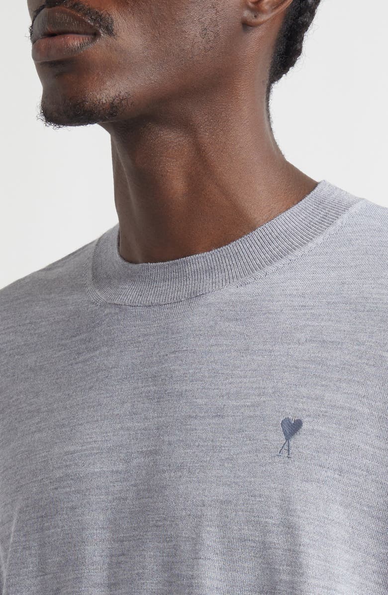 AMI PARIS Ami de Coeur Embroidered Wool & Silk Sweater, Alternate, color, Gris