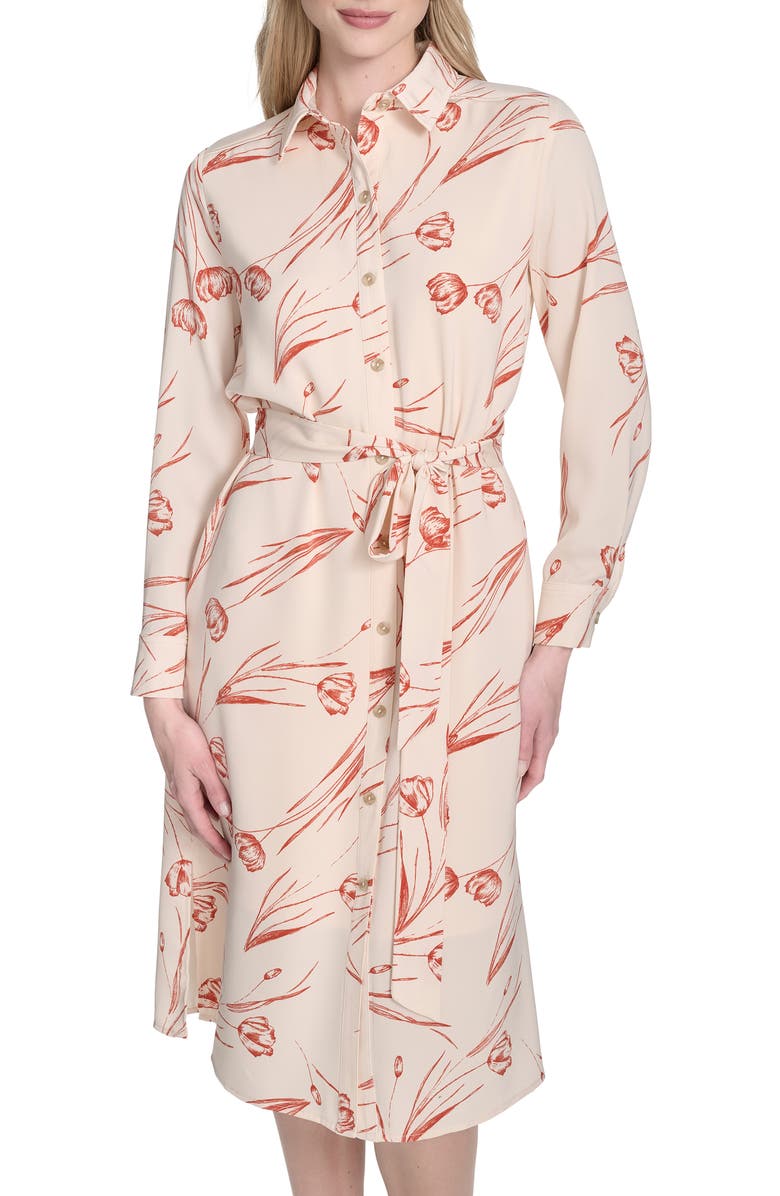 Calvin Klein Long Sleeve Shirtdress, Alternate, color, Antique White Multi